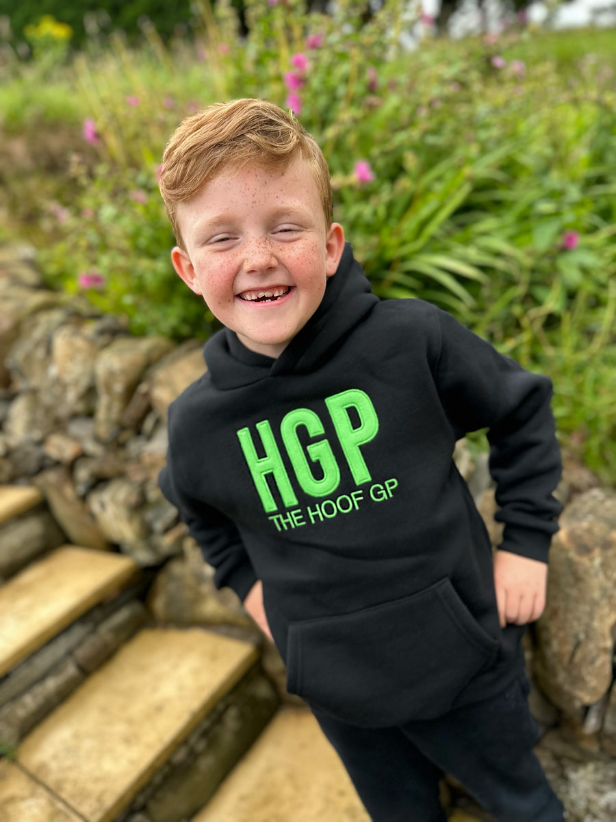 Kids Black Hoodie with Green Emblem The Hoof GP Merch